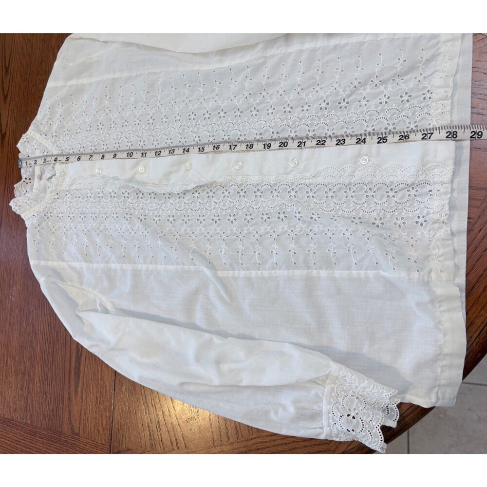 Vintage High Neck White Eyelet Blouse - Size 16 - Long-Line Tall Friendly 29" L - Picture 4 of 7